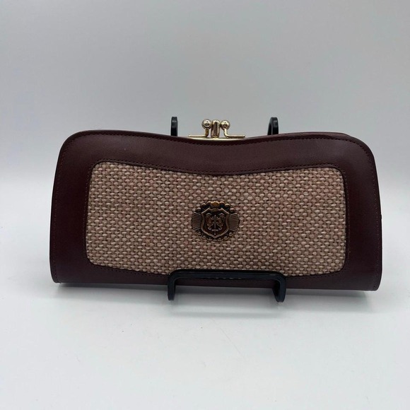 American Vintage Handbags - Vintage Amity Brown Leather Woven Clutch Wallet Snap Kiss Lock Coin Purse USA